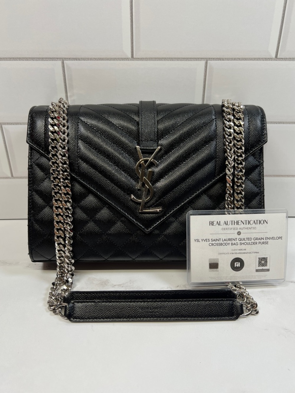 YSL Yves Saint Laurent Quilted Grain Envelope Crossbody Bag Shoulder Purse